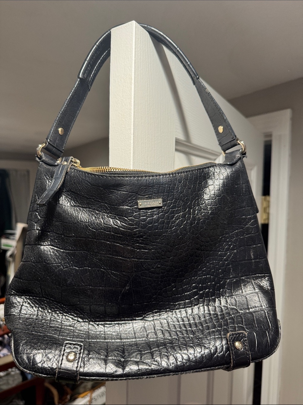 kate spade Black Croc-Embossed Shoulder Bag with Gold Hardware